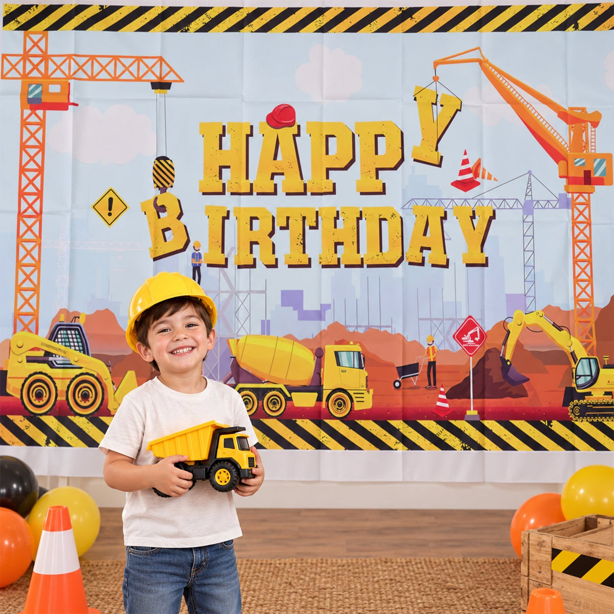 Construction Theme Happy Birthday Backdrop Curtain,&nbsp; Birthday Party Banner with Crane Artwork, Printed Wall Decoration for Cake Table, Photo Booth and Party
