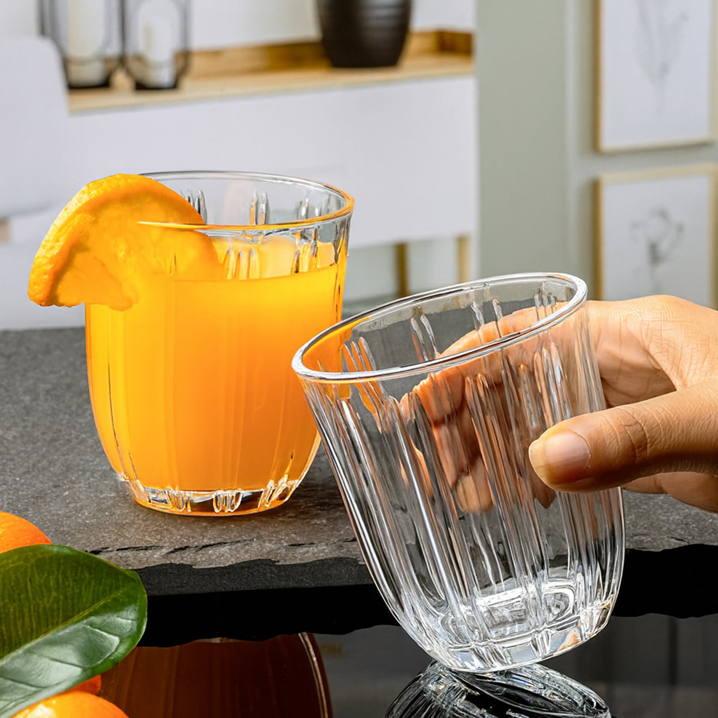 Premium Transparent Glass Tumbler Set – 6 Pcs Elegant Ribbed Design Drinking Glasses for Water, Juice and Beverages, Pure Glass – 256 ml Each