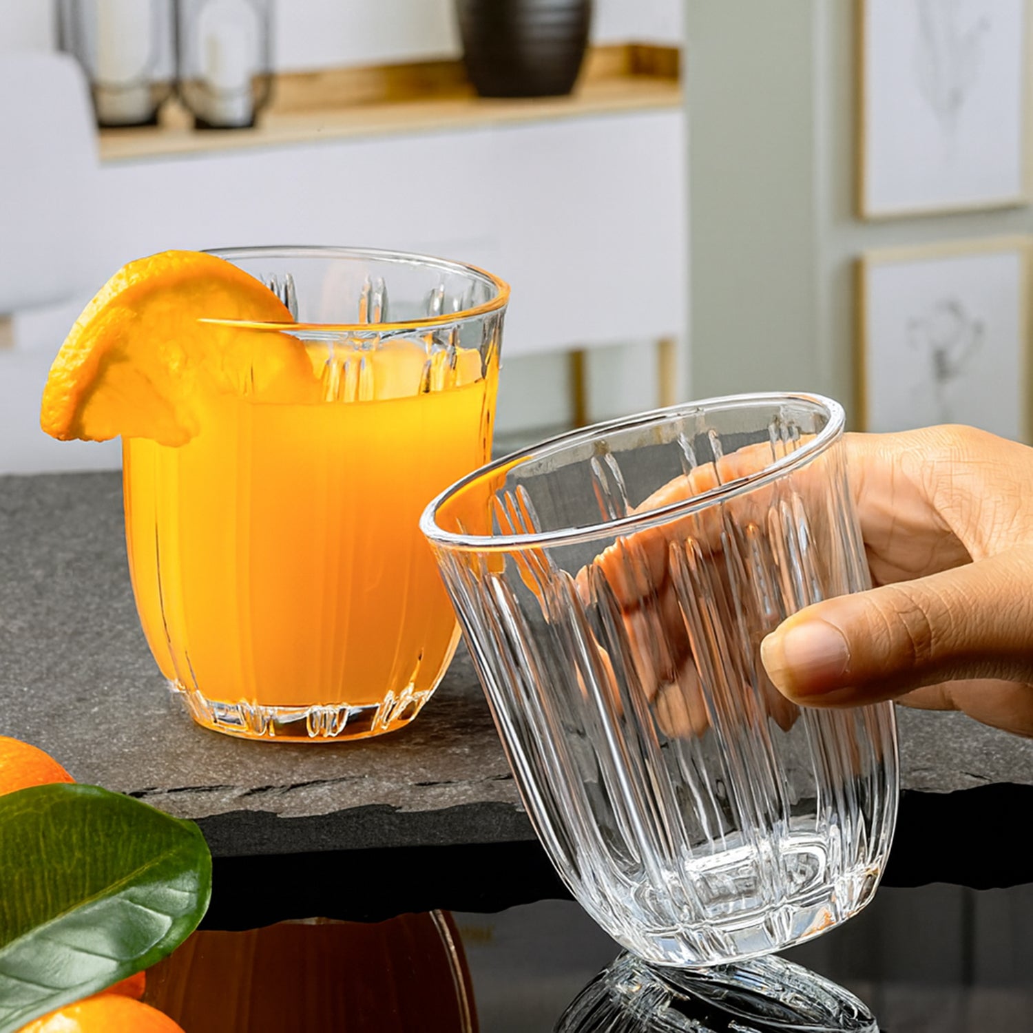 Premium Transparent Glass Tumbler Set – 6 Pcs Elegant Ribbed Design Drinking Glasses for Water, Juice and Beverages, Pure Glass – 256 ml Each