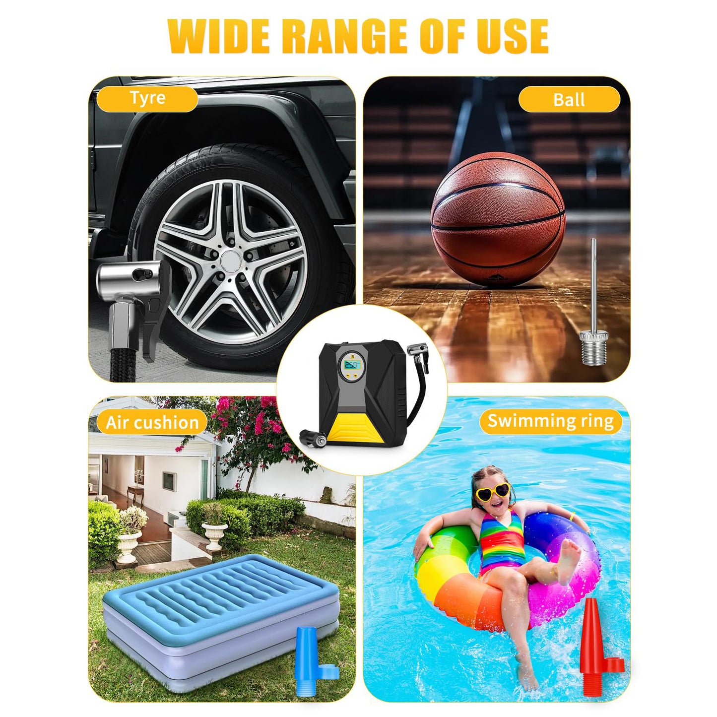 Mini Digital Portable Car Tyre Air Compressor – 12V Auto Cut-Off Air Inflator with LCD Display, Preset Pressure and Multi-Nozzle Kit for Car, Bike, Balls and Inflatables - (1 Pc)
