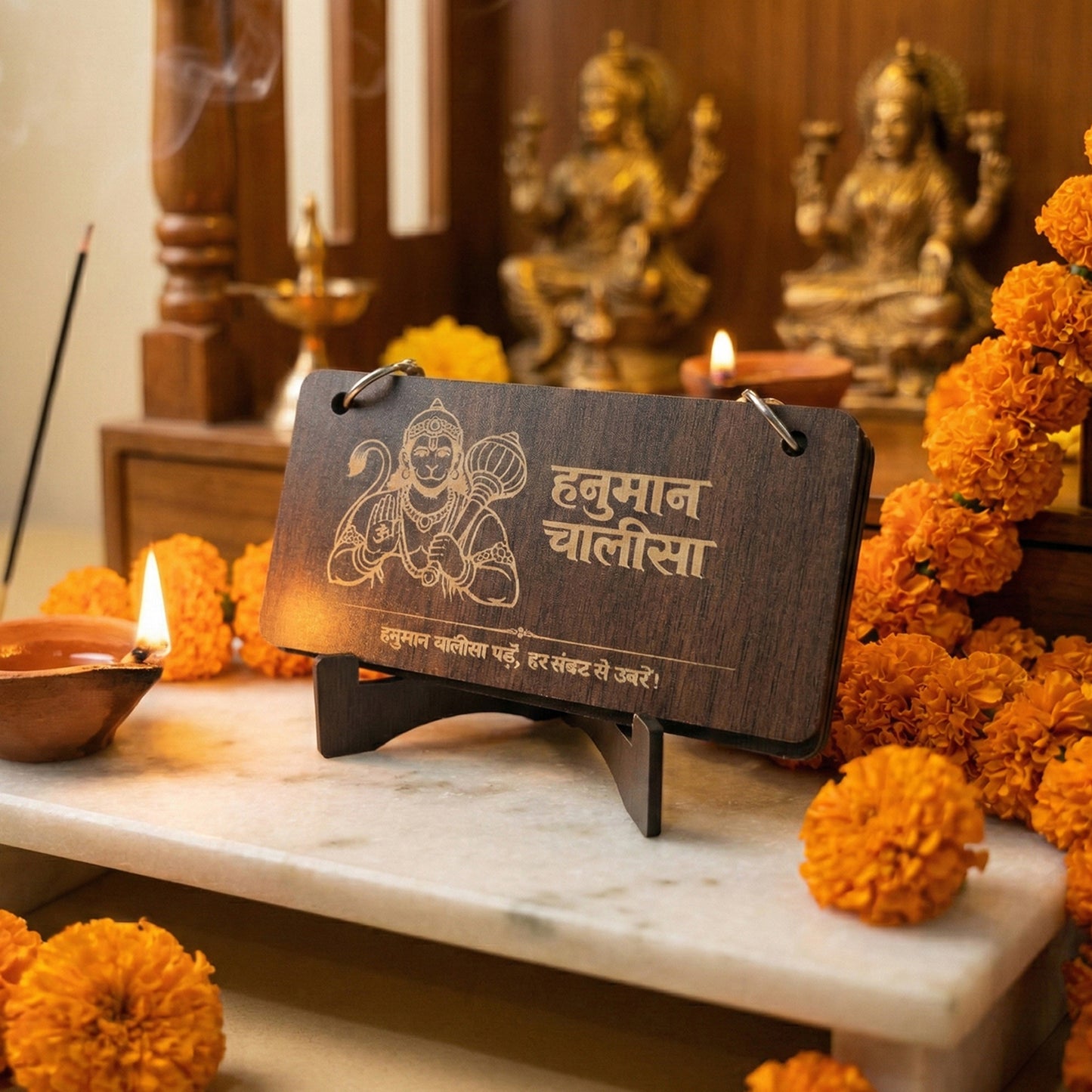 Premium Wooden Hanuman Chalisa Flip Book with Engraved Hindi Text and Table Stand for Home Mandir Pooja Room Office Desk and Spiritual Decor (1 Set)