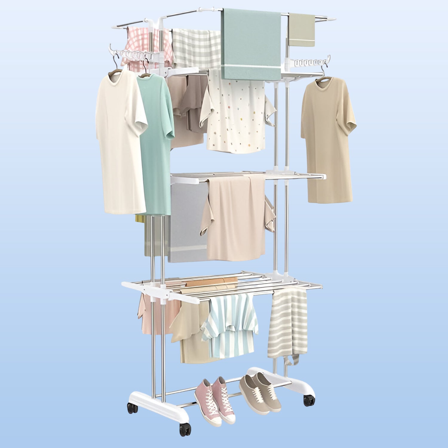 3 Tier Foldable Stainless Steel Cloth Drying Stand with Wheels Heavy Duty Portable Laundry Drying Rack for Indoor Outdoor Balcony and Home Use (1 Pc)