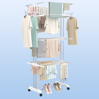 3 Tier Foldable Stainless Steel Cloth Drying Stand with Wheels Heavy Duty Portable Laundry Drying Rack for Indoor Outdoor Balcony and Home Use (1 Pc)