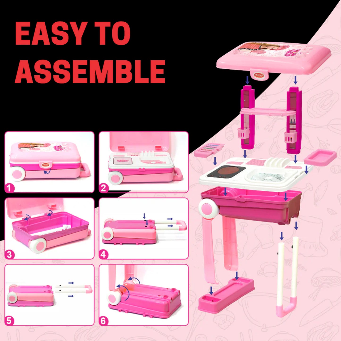 3 in 1 Kids Kitchen Play Set Trolley Suitcase Portable Pretend Cooking Toy with Accessories for Girls and Boys 3+ Years (1 Set)