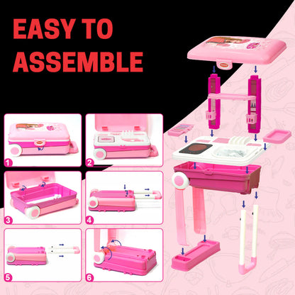 3 in 1 Kids Kitchen Play Set Trolley Suitcase Portable Pretend Cooking Toy with Accessories for Girls and Boys 3+ Years (1 Set)