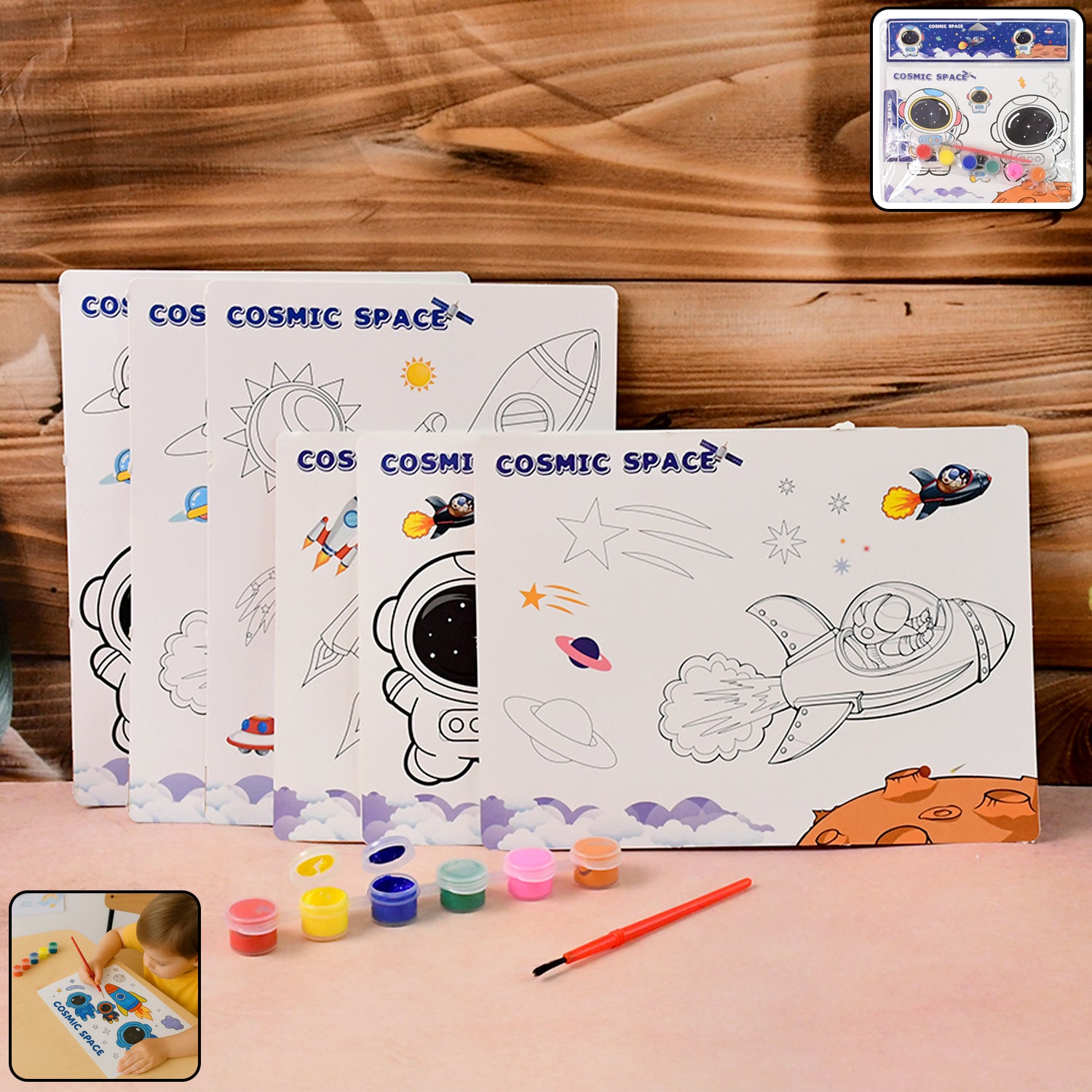 Cosmic Space Theme Kids Painting and Coloring Kit – DIY Educational Art Set with Coloring Sheets, Non-Toxic Paints and Brush