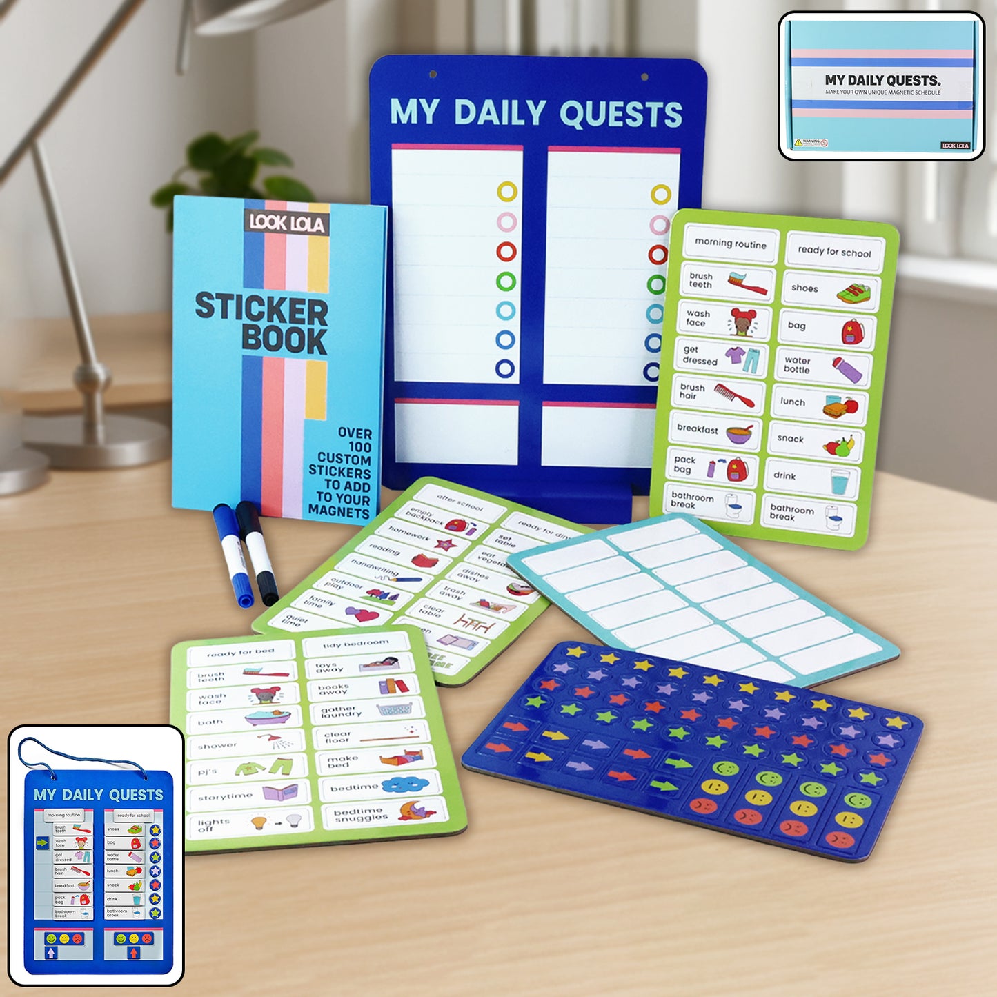 Daily Routine Chart for Kids with Magnetic Board, Sticker Book and Activity Cards – Educational Habit Tracker Set with Dry Erase Markers – My Daily Quests Learning Kit