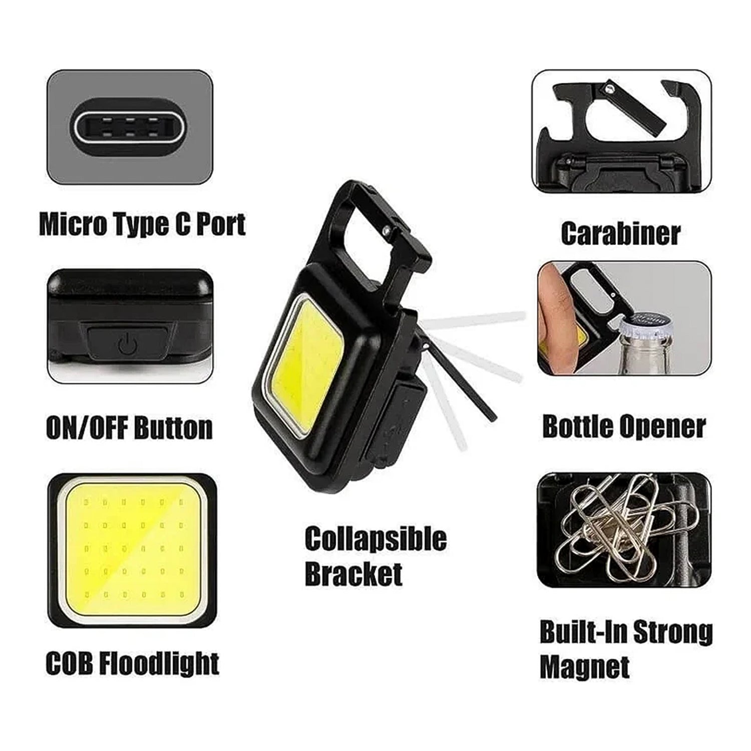 Rechargeable Keychain Mini Flashlight 800 Lumens COB Pocket Light with Magnet Base, Bottle Opener and Folding Stand for Camping and Emergency Use