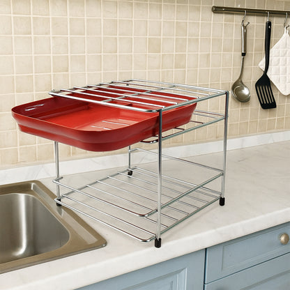 Premium Stainless Steel Multipurpose Utensils Storage Stand Double Layer Kitchen Countertop Organizer for Plates Bowls Cutlery and Kitchen Essentials (1 Pc)