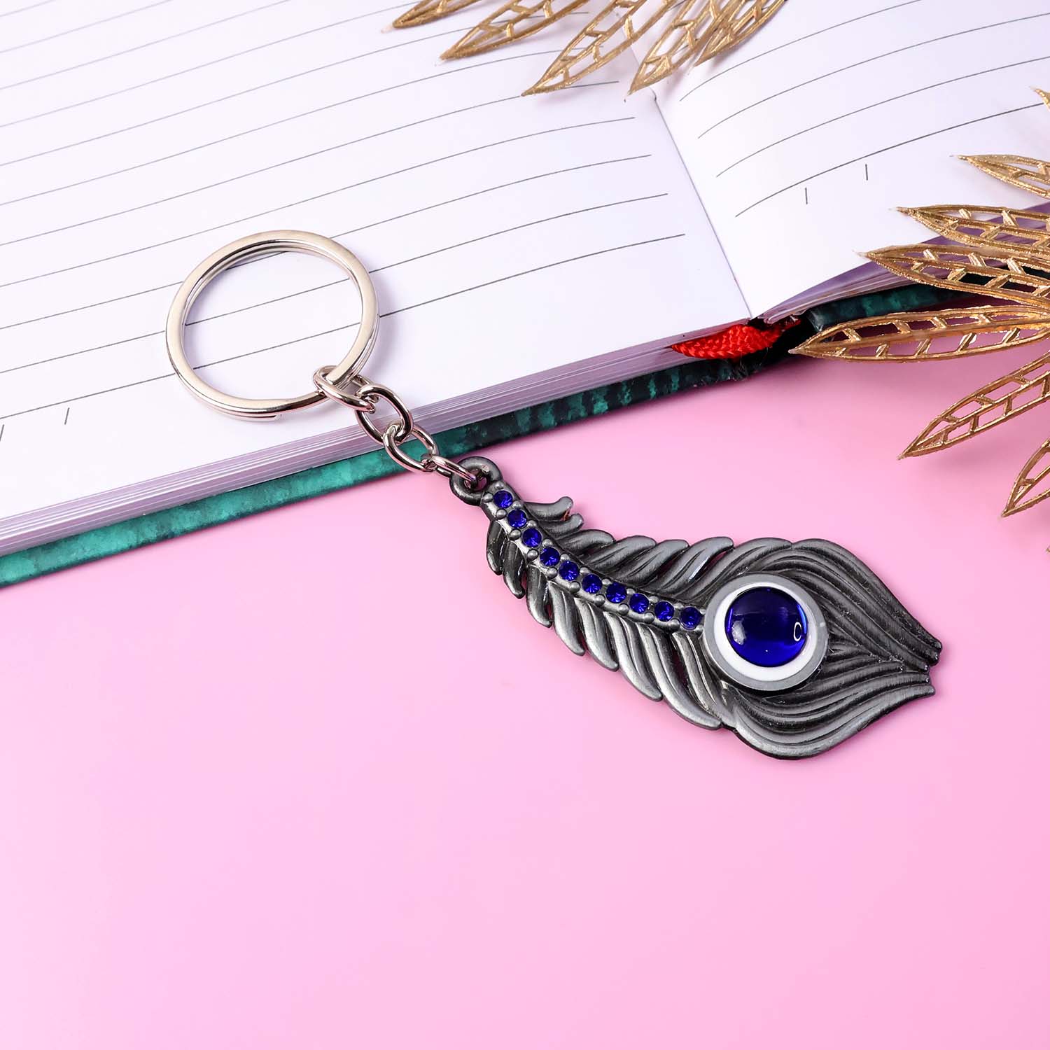 Elegant Metal Peacock Feather Keychain – Stylish Silver-Toned Key Ring with Blue Gem Design for Car, Bike, Home and Office Keys (1 Pc)