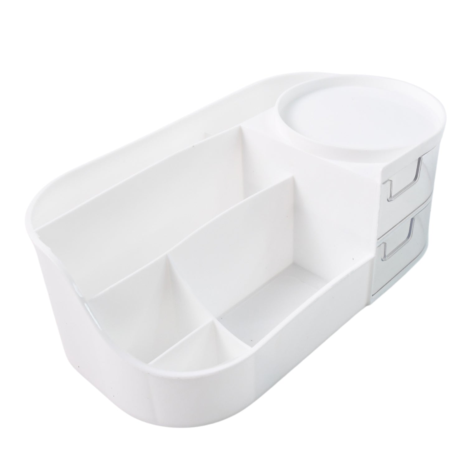 Multi Functional Vanity Storage Box with Rotating Organizer Tray and Dual Transparent Drawers Makeup Cosmetic Organizer White (1 Pc)