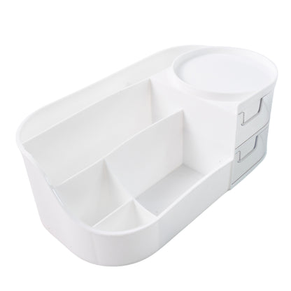 Multi Functional Vanity Storage Box with Rotating Organizer Tray and Dual Transparent Drawers Makeup Cosmetic Organizer White (1 Pc)
