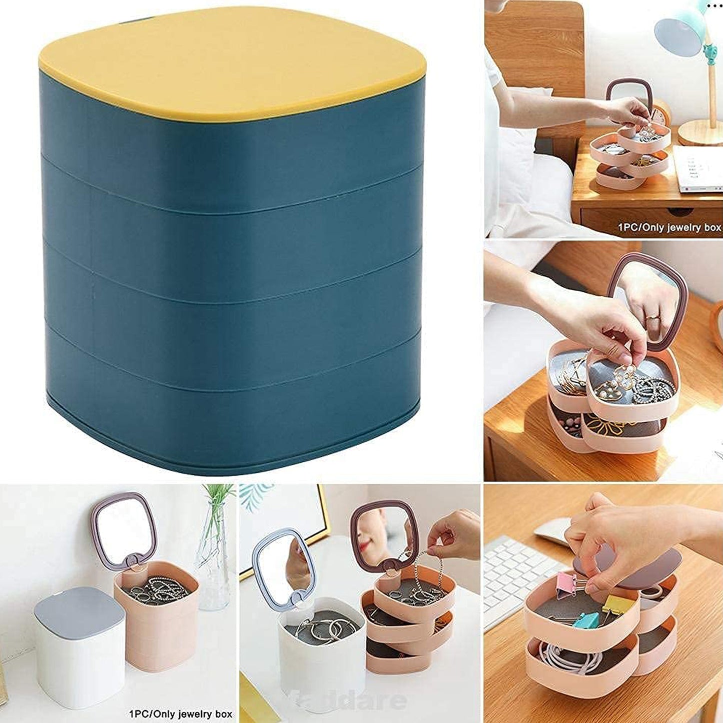 4 Layer 360 Degree Rotating Jewelry Storage Box with Mirror Multicolor Organizer for Rings Earrings Necklaces and Accessories (1 Pc)