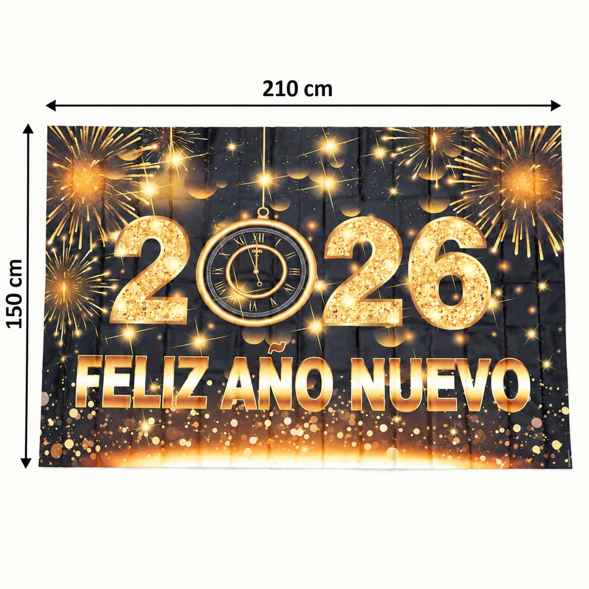 2026 New Year Party Backdrop Curtain 210 x 150 cm, Black and Gold Fireworks Photo Booth Banner with Feliz Año Nuevo Print for New Year Eve Party Wall Decoration