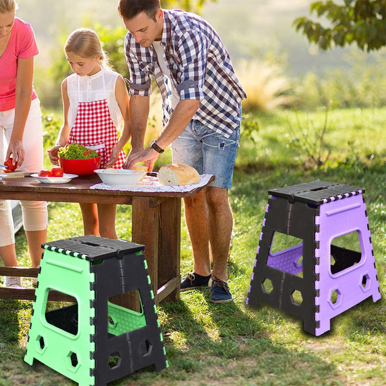 2 Pc 18 Inch Folding Stool for Adults and Kids Heavy Duty Plastic Foldable Step Stool for Kitchen Bathroom Camping Home Office and Outdoor Use