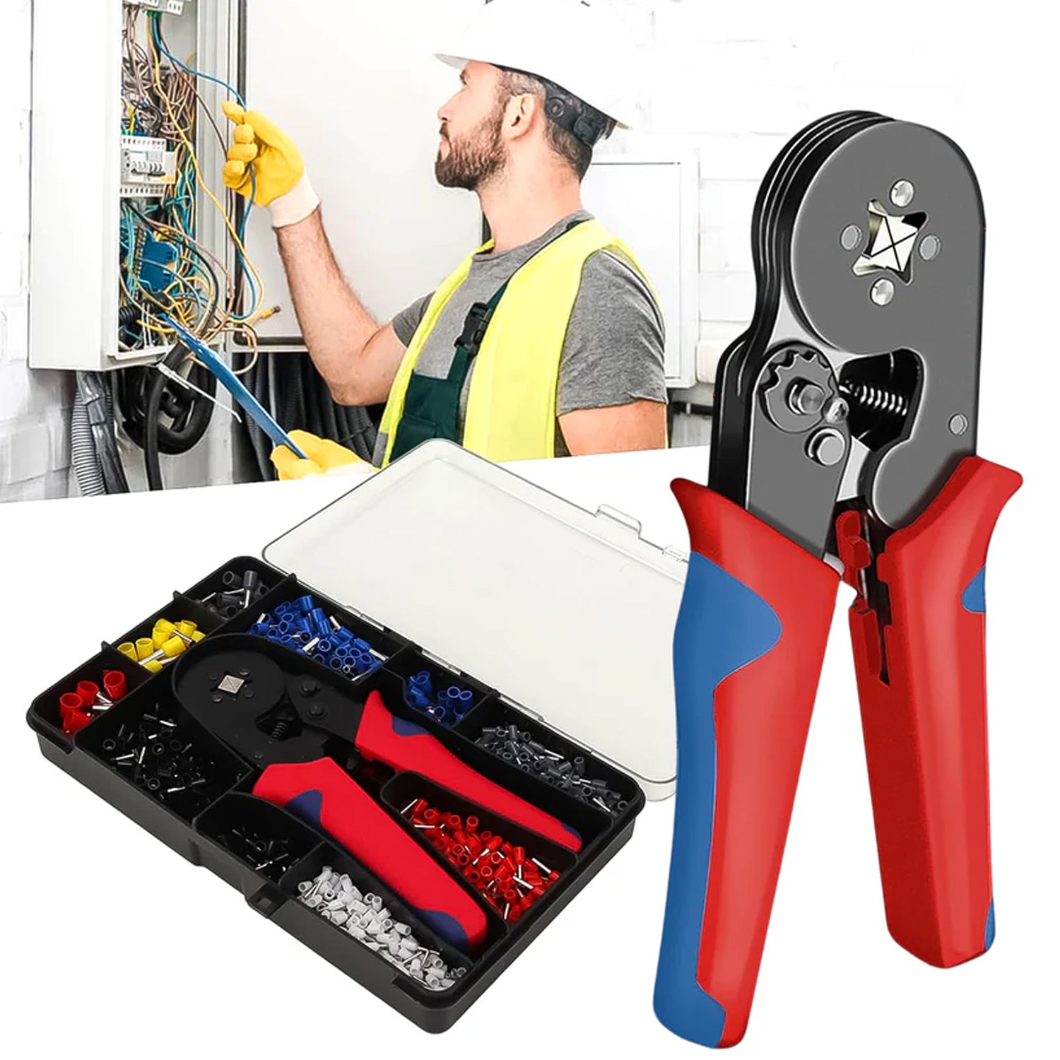 1200 Piece Ferrule Crimping Tool Kit Self Adjusting Ratcheting Crimper Plier with Insulated Wire End Terminal Connectors (1 Set)