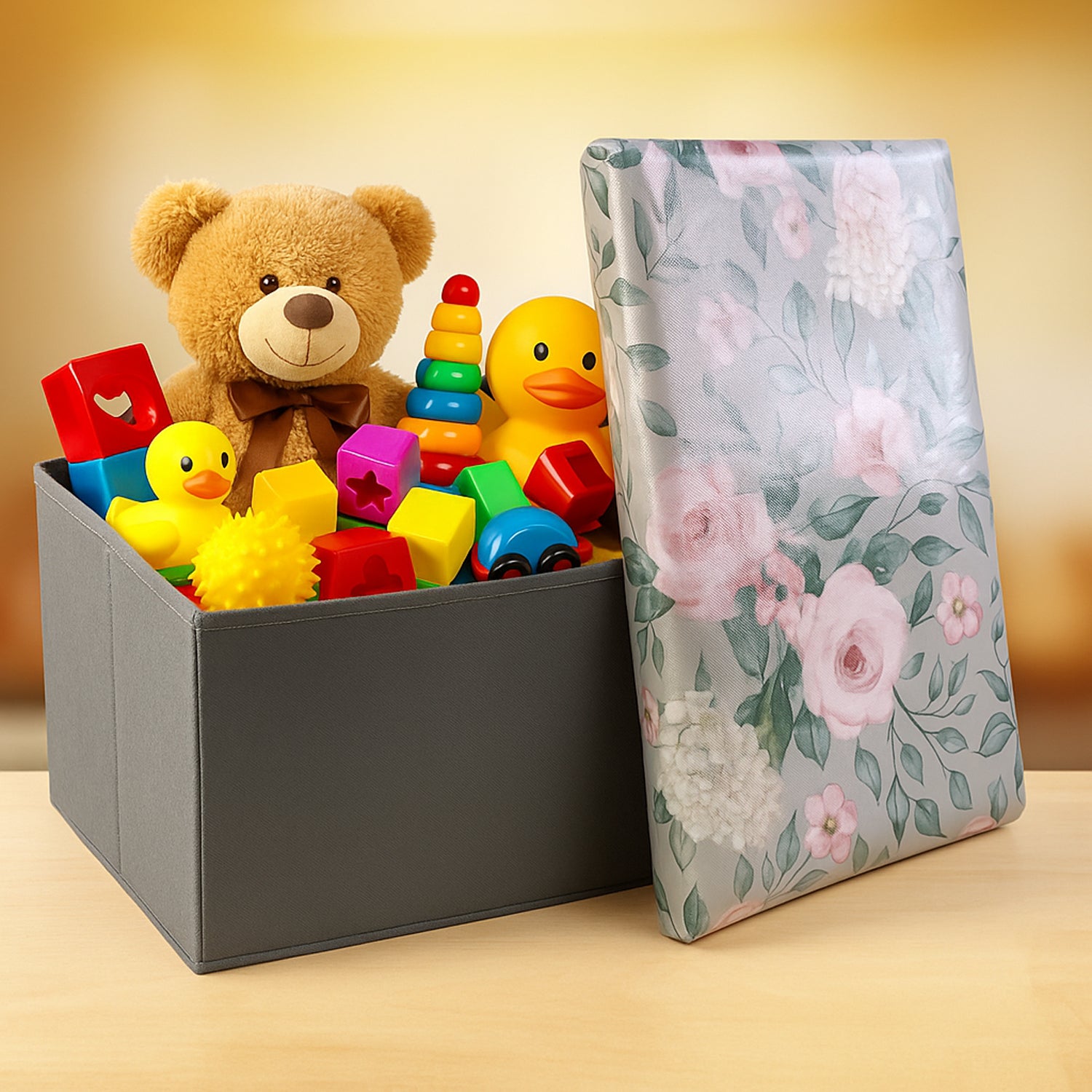 Premium Foldable Storage Box with Floral Lid – Multi-Purpose Organizer Basket for Clothes, Toys, Books & Home Essentials (48x30 cm)
