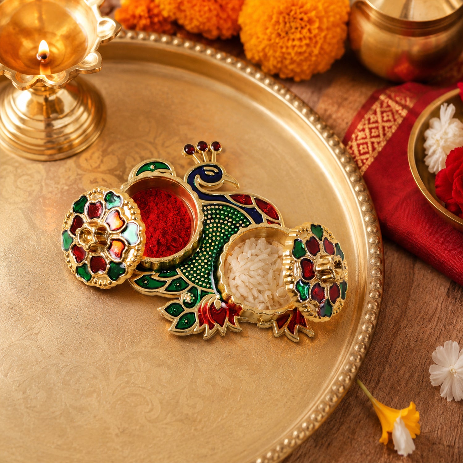 Premium Peacock Design Decorative Kumkum Dani Kankavati with Two Lidded Containers for Haldi, Kumkum, Roli, Chawal, Pooja and Festival Rituals (1 Pc)