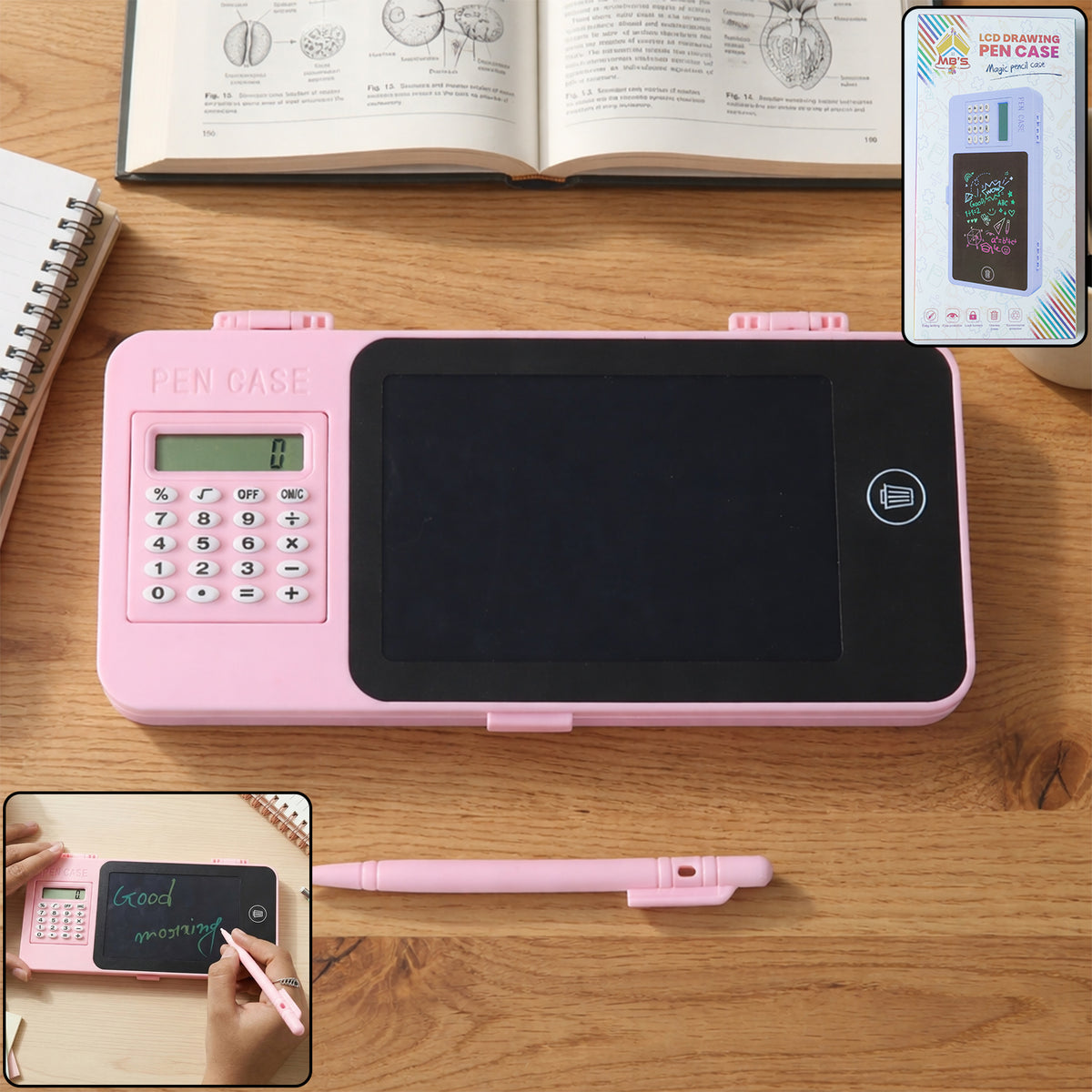 LCD Writing Tablet Pencil Case with Built-in Calculator | Digital Writing Pad and Stationery Storage Box for Students