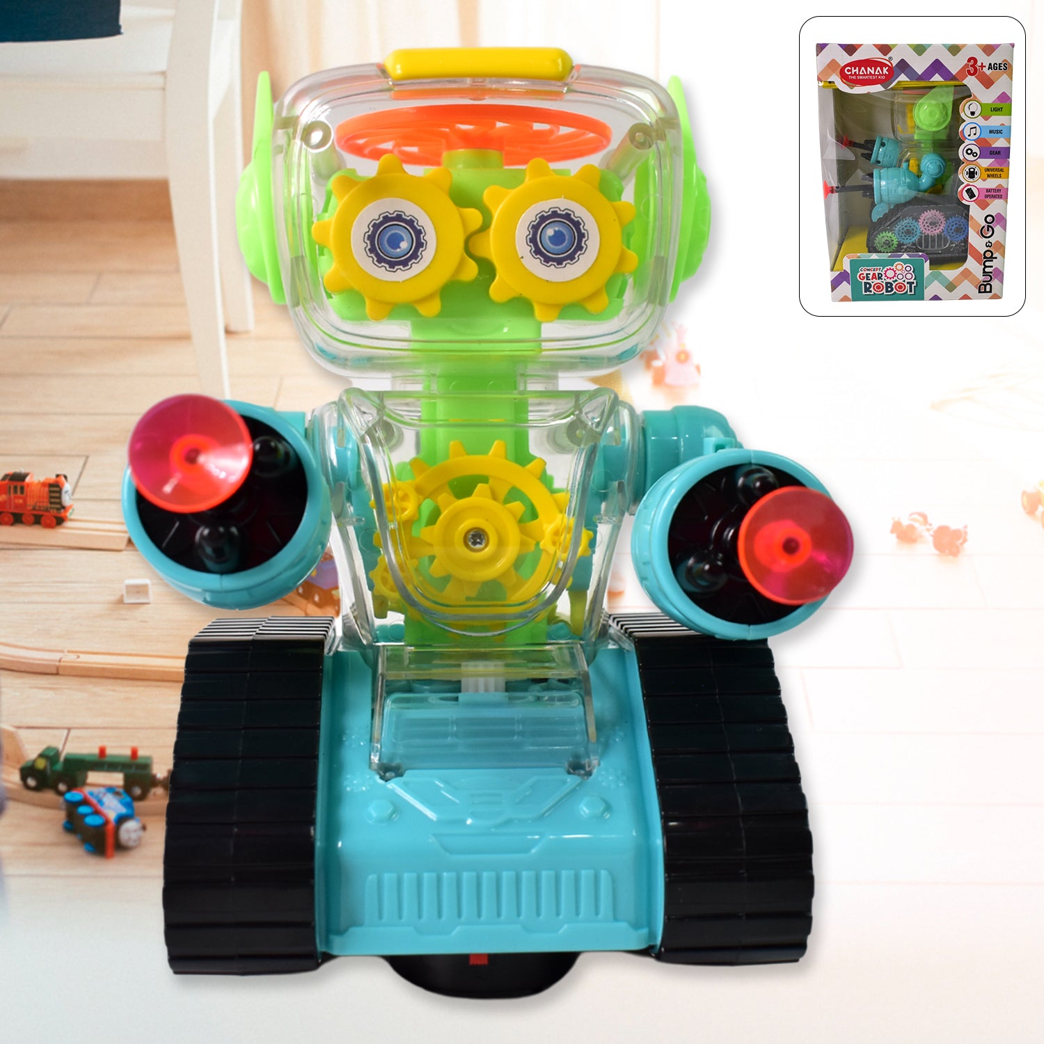 Gear Robot Car for Kids, Transparent Electric Robot with Realistic Sound &amp; Light, Bump &amp; Go Automatic Toy Robot