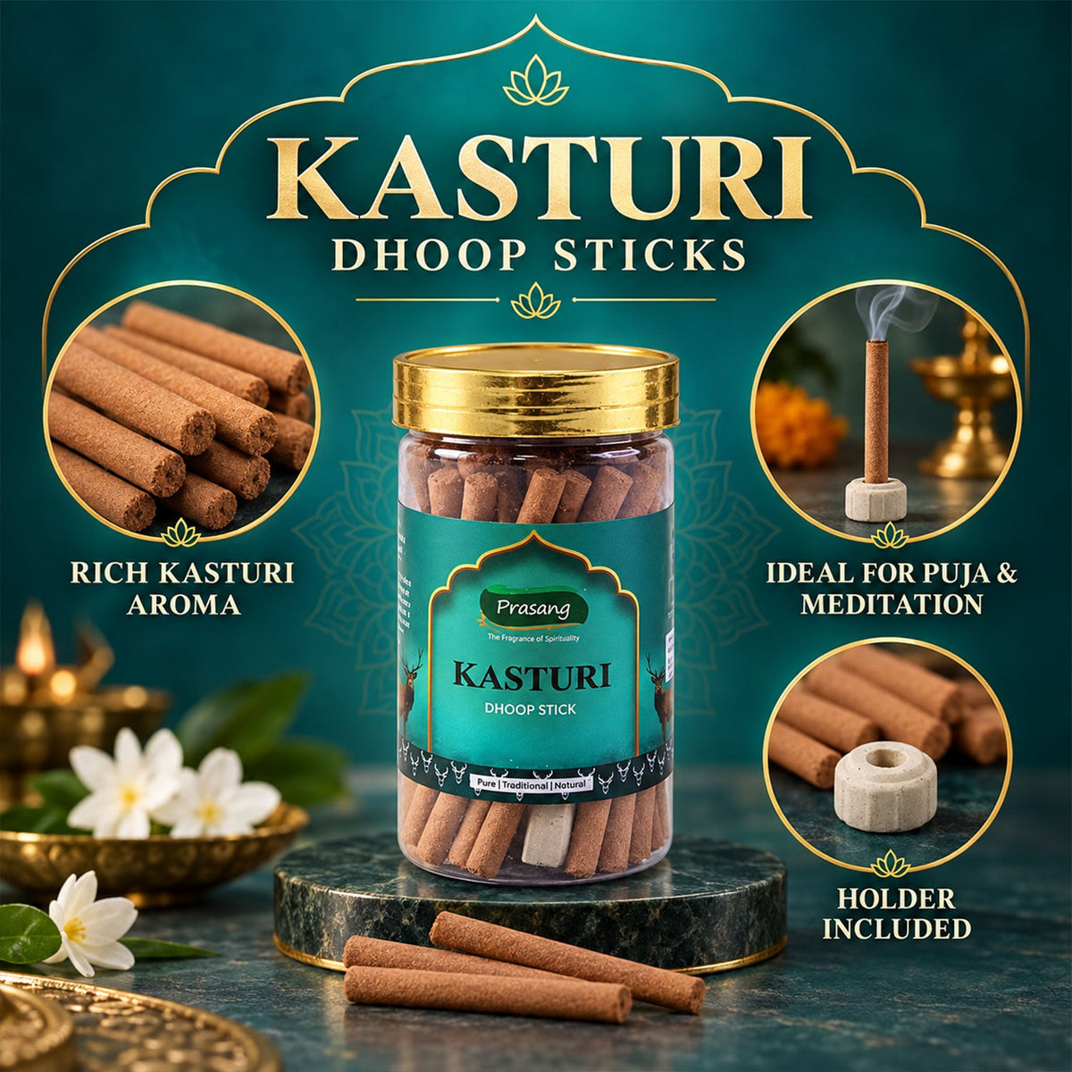 Kasturi Dhoop Sticks with Holder in Resealable Jar, Thick Dry Incense Sticks for Daily Home Puja, Hindu Worship, Prayer Room, Meditation and Religious Rituals