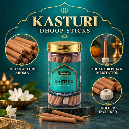Kasturi Dhoop Sticks with Holder in Resealable Jar, Thick Dry Incense Sticks for Daily Home Puja, Hindu Worship, Prayer Room, Meditation and Religious Rituals