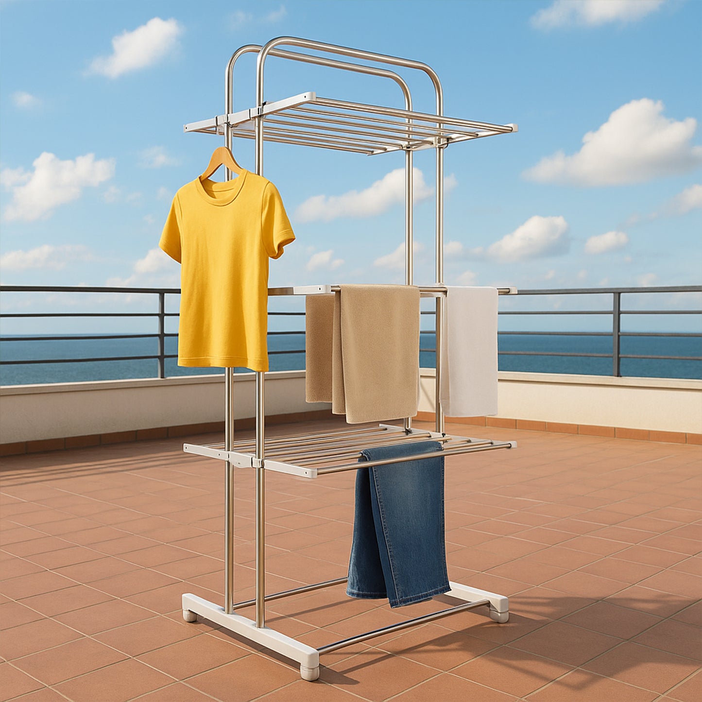 3 Layer Foldable Stainless Steel Cloth Drying Stand with Wheels Heavy Duty Laundry Drying Rack for Clothes Towels Linens Indoor Outdoor Balcony Use (1 Pc)