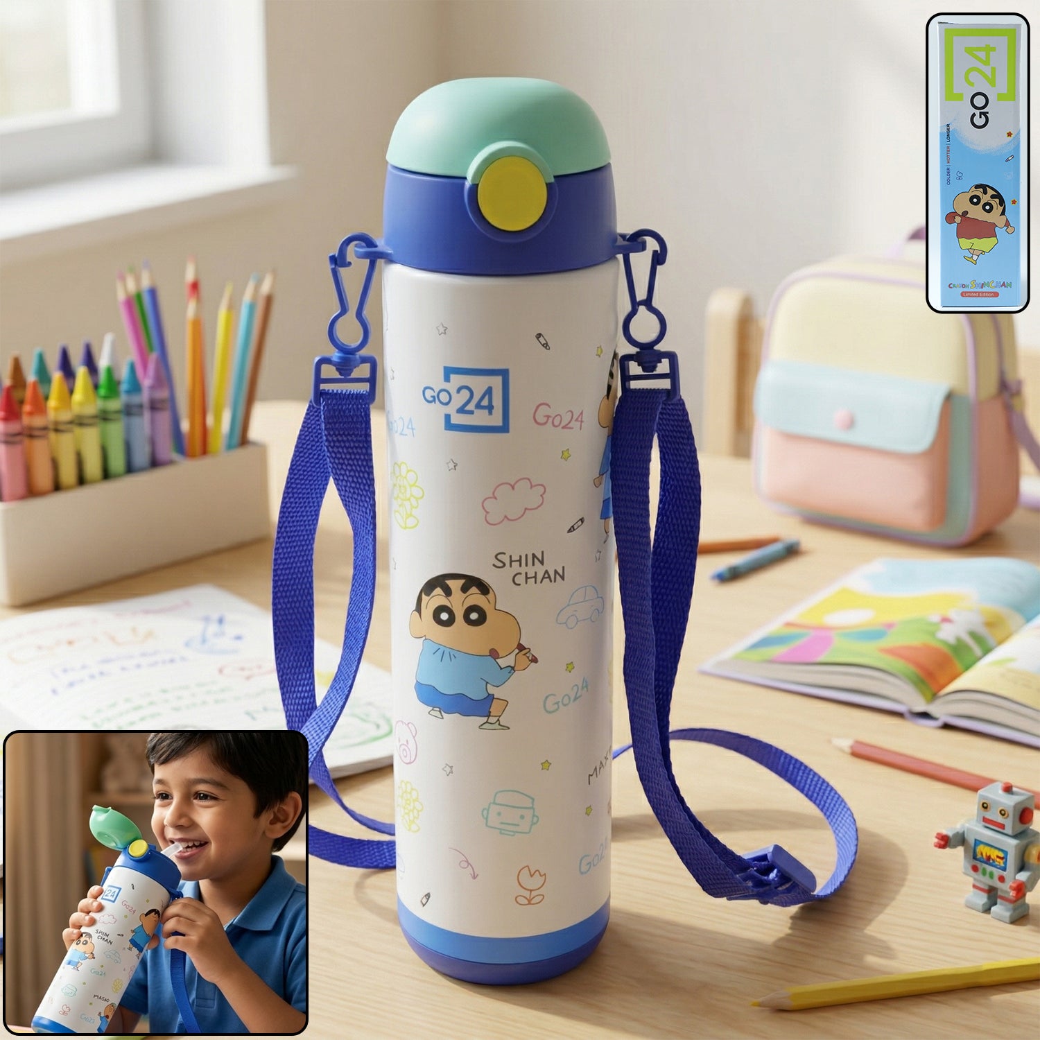 Pexpo Kids Stainless Steel School Water Bottle 500 ML Leakproof Cartoon Printed Sipper Bottle with Carry Strap for School Travel and Daily Use