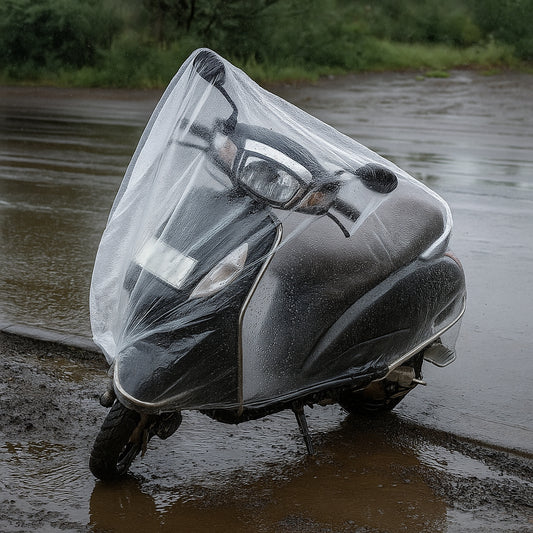Disposable Plastic Activa Cover – Big Size Dustproof and Waterproof Bike Cover for Rain Protection – Transparent One-Time Use Scooter Cover for Outdoor Parking, Monsoon and Travel Use (1 Pc)