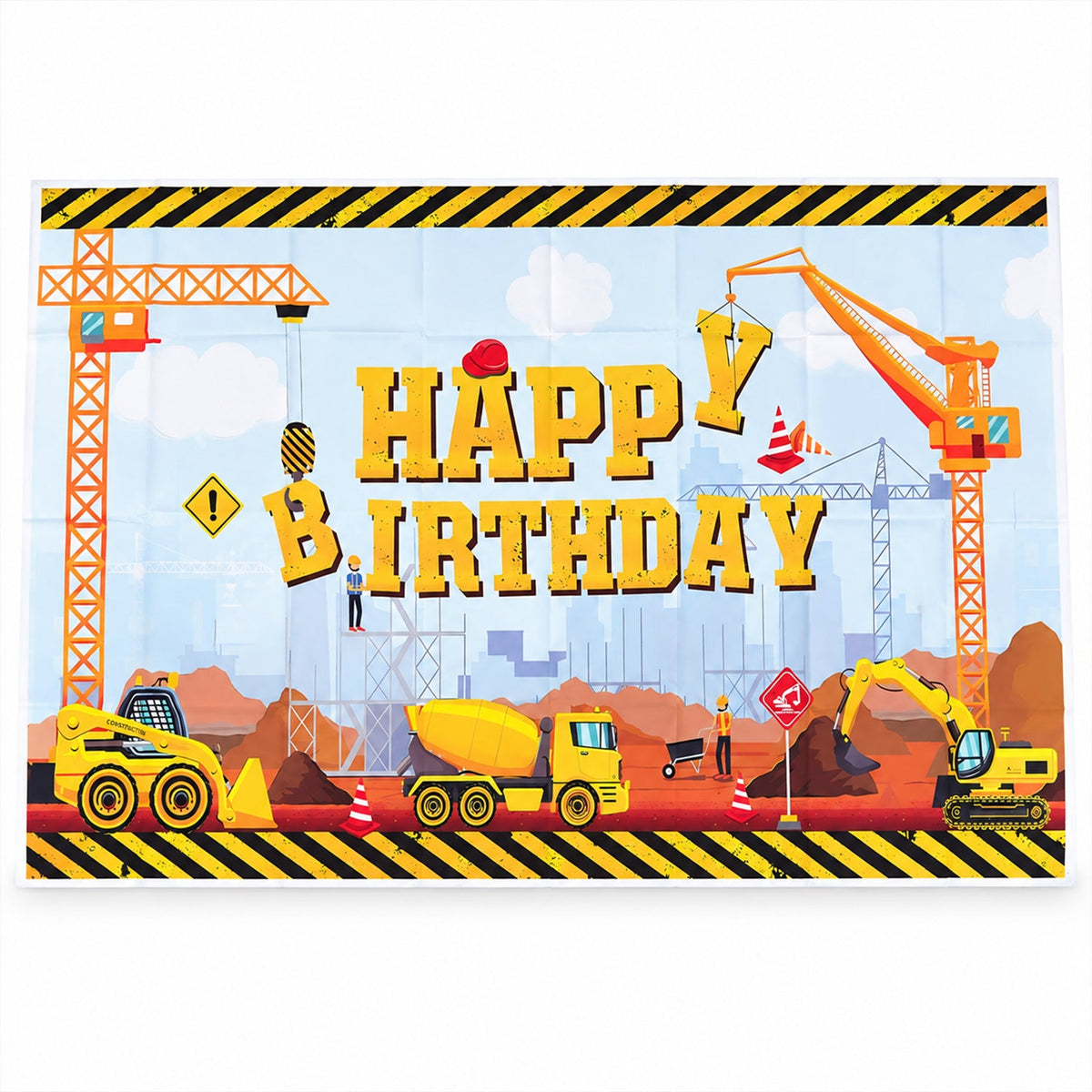 Construction Theme Happy Birthday Backdrop Curtain,&nbsp; Birthday Party Banner with Crane Artwork, Printed Wall Decoration for Cake Table, Photo Booth and Party