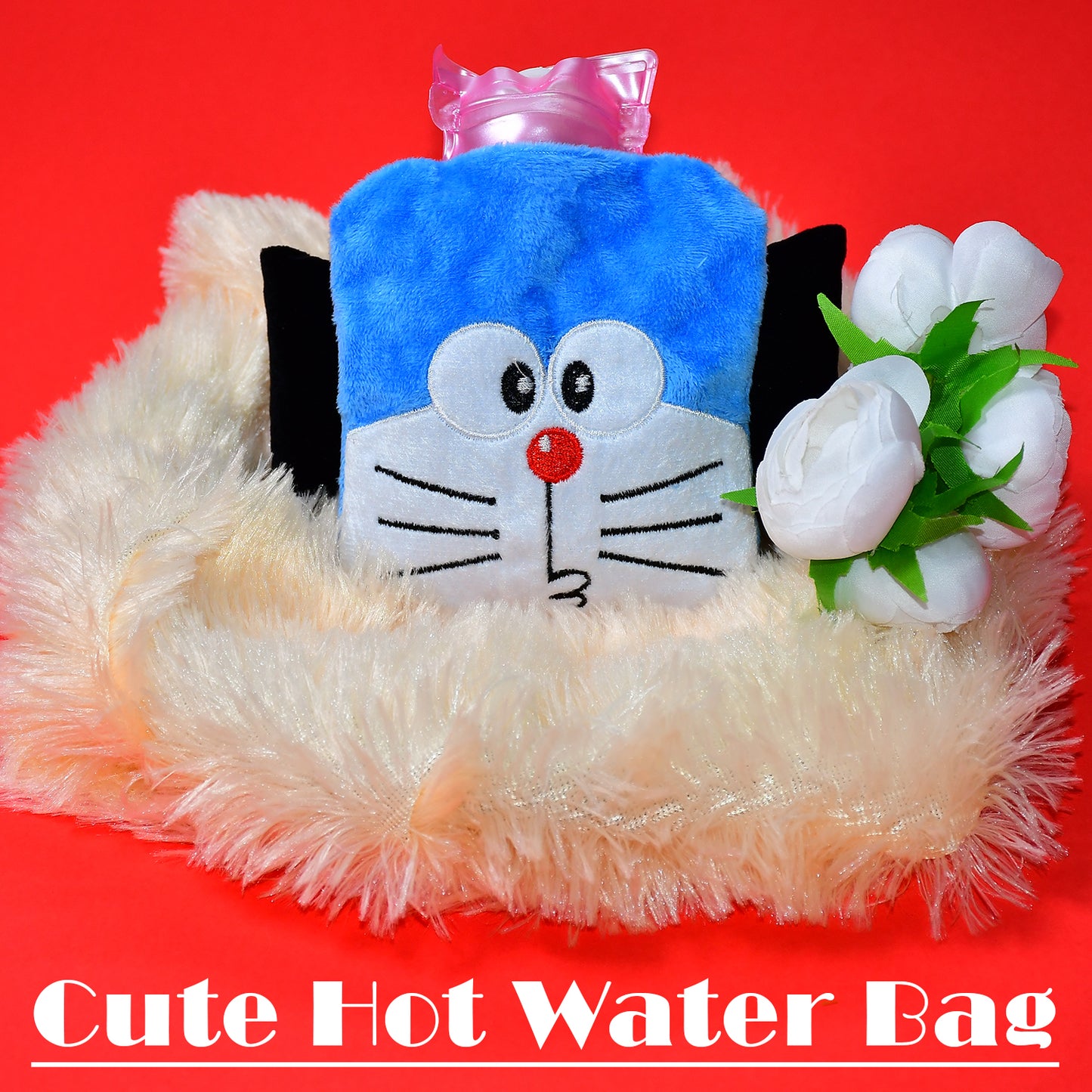 Doraemon Small Hot Water Bag with Soft Cover – Portable Natural Rubber Heat Therapy Bottle for Pain Relief, Menstrual Cramps, Neck, Shoulder, Back and Hand Warmer