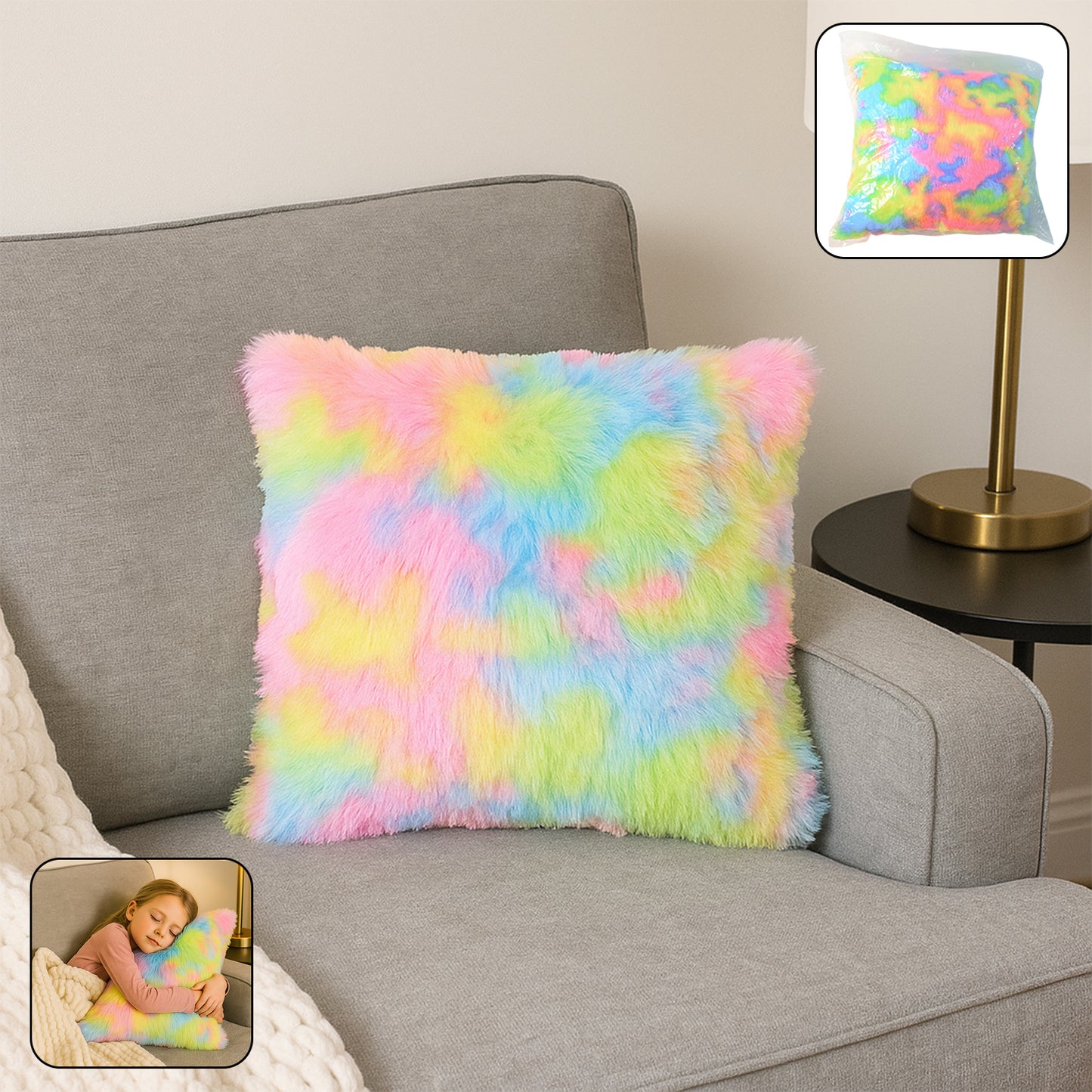 Soft Plush Multicolor Rainbow Cushion Pillow – Fluffy Decorative Throw Pillow for Sofa, Bed, Living Room and Gifting