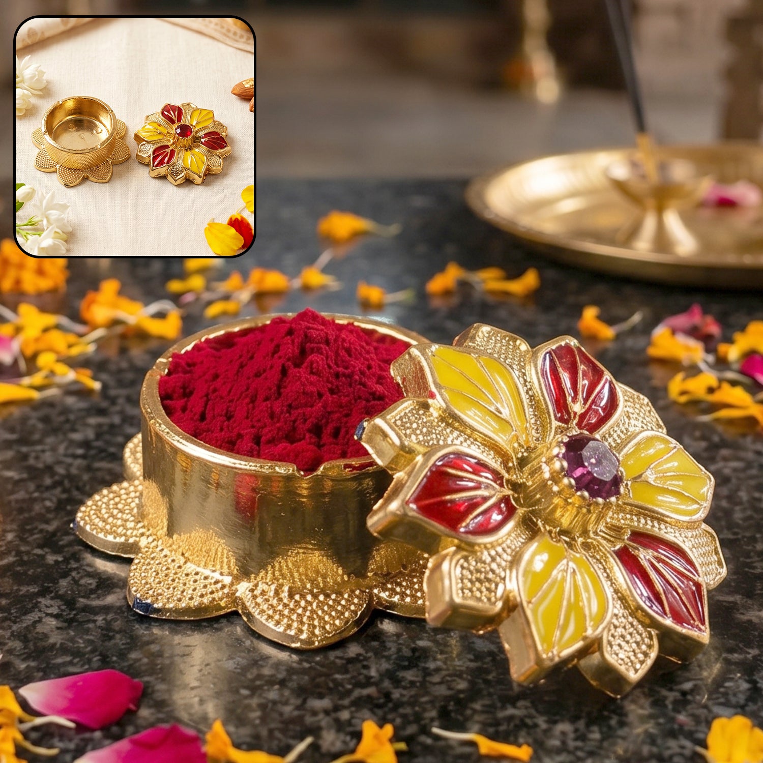 Decorative Golden Kankavati Kumkum Box Traditional Sindoor Holder for Pooja, Temple, Worship and Decoration (1 Pc)