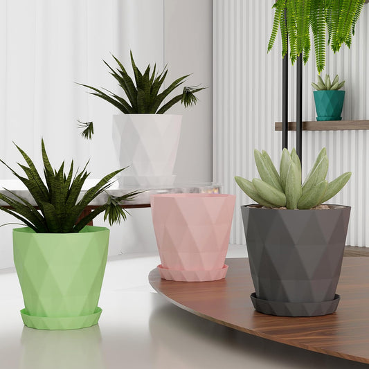Diamond Design Plastic Flower Pot Set with Drain Tray – Decorative Multipurpose Plant Pots for Indoor and Outdoor Gardening (5 Pc Set)