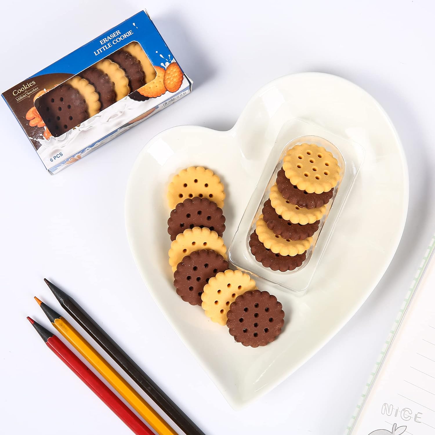 Pack of 6 Biscuit Shape Erasers – Cute Creative Rubber Erasers for School, Drawing, Gifts and Party Favors
