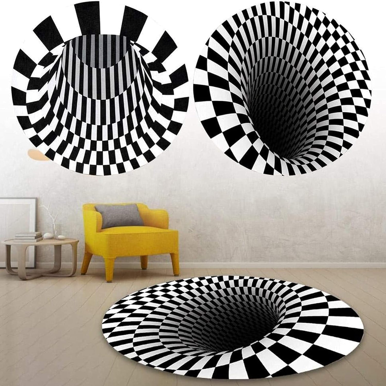 3D Optical Illusion Round Floor Rug / Doormat 60 Cm | Anti-Skid Soft Round Rug with Black & White Checkered Vortex Pattern for Living Room, Bedroom, Entryway & Office Décor (1 Pc)