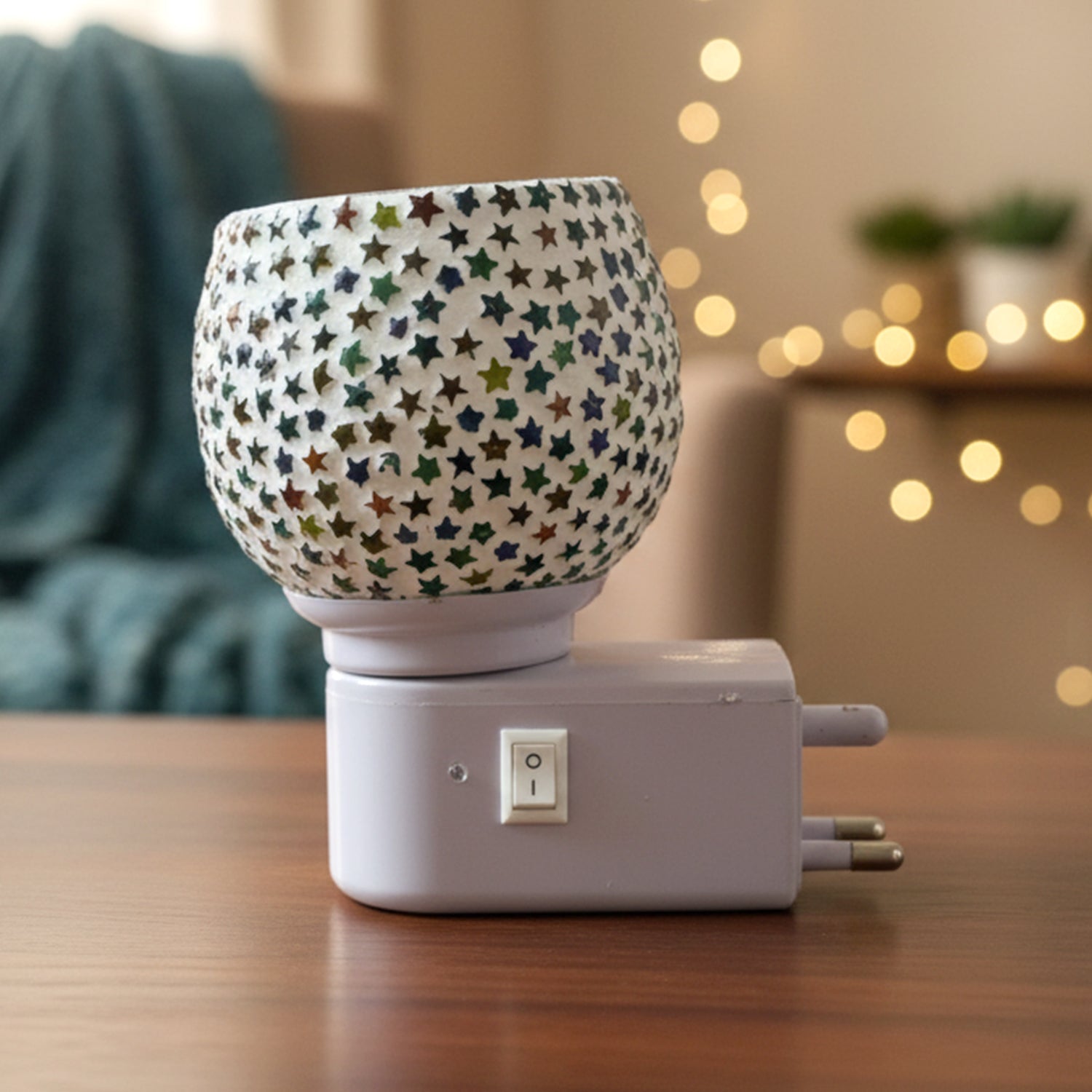 Decorative Star Pattern Mosaic Glass Plug In Night Lamp with On Off Switch Warm Ambient LED Light for Bedroom Living Room Hallway and Home Decor 1 Piece