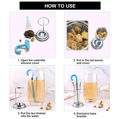 Reusable Umbrella Shape Tea Infuser and Silicone Tea Strainer with Stand – Food Grade Loose Leaf Tea Filter for Cups and Mugs