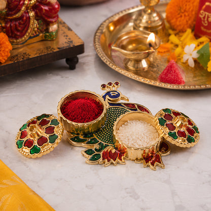 Premium Peacock Design Decorative Kumkum Dani Kankavati with Two Lidded Containers for Haldi, Kumkum, Roli, Chawal, Pooja and Festival Rituals (1 Pc)