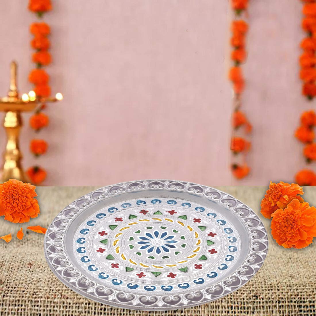 Silver Plated Pooja Thali Decorative for Temple, Festivals, Daily Worship and Gifting (31 cm)