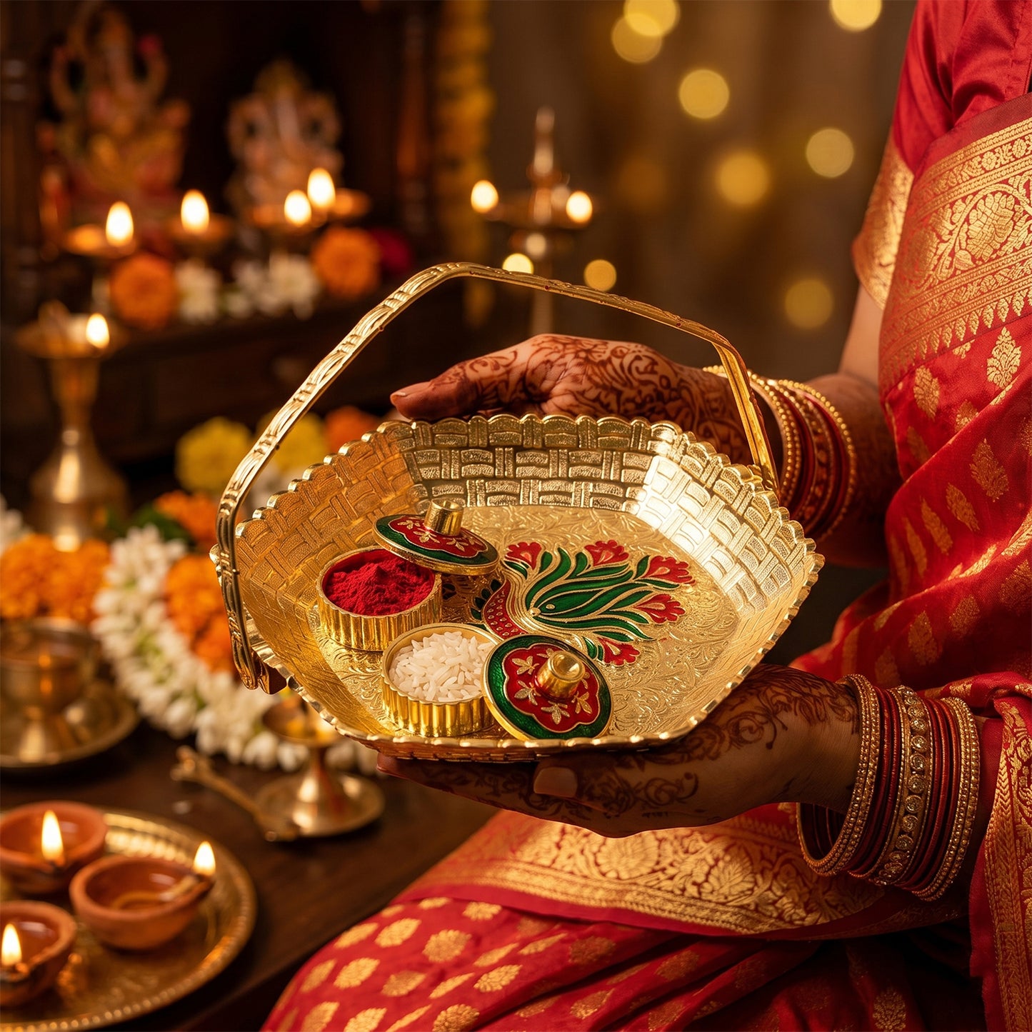Premium Golden Kumkum Kankavati Basket with Carry Handle and Two Lidded Containers for Haldi, Kumkum, Roli, Chawal, Pooja and Wedding Rituals (1 Pc)