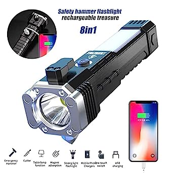 Portable 3W Rechargeable Torch LED Flashlight – Long Distance Beam Range Emergency Torch with Hammer, Strong Magnet, Window Glass Breaker and Seat Belt Cutter for Car, Camping, Hiking, Indoor, Outdoor Use (1 Pc)