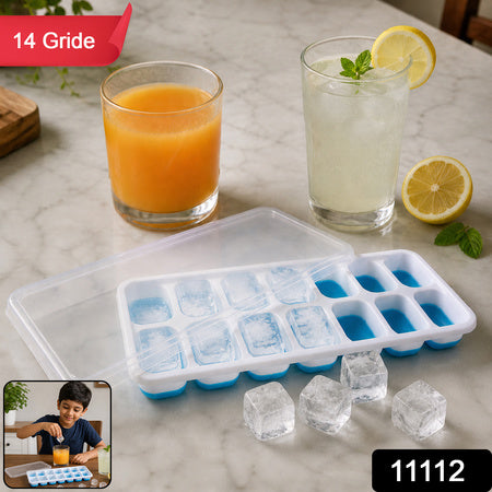 Multipurpose Plastic Ice Cube Tray with Lid, 14 Grid Easy Release Ice Maker Tray for Freezer, Chocolate, Jelly, Frozen Treats and Beverage Cooling (1 Pc)