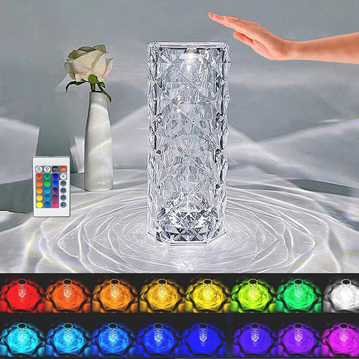 Crystal Touch Night Light (16 Colors) - Rose Diamond Table Lamp With Remote Control