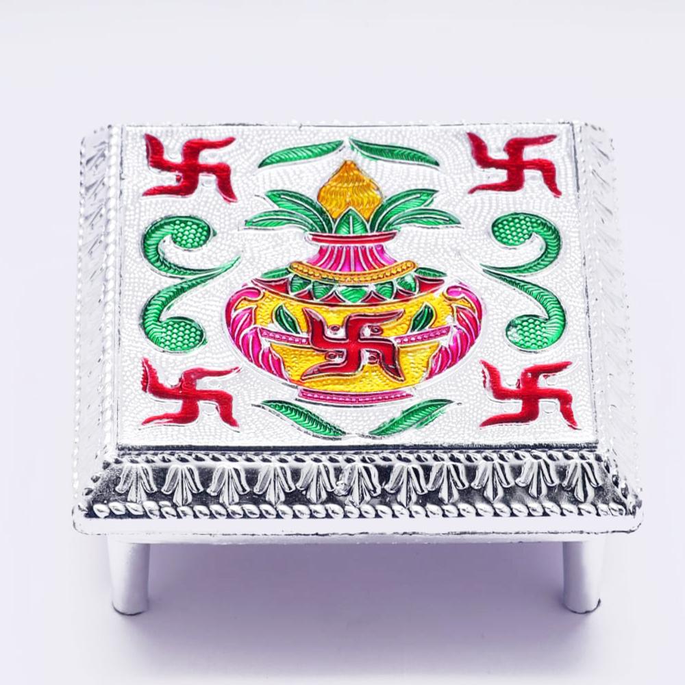 Fancy Aluminium Foil Designer Bajot Wooden Pooja Chowki for Home Temple, Religious Ceremonies and Festival Decoration (1 Pc)