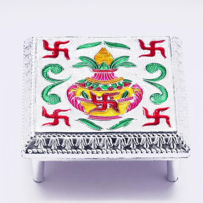 Fancy Aluminium Foil Designer Bajot Wooden Pooja Chowki for Home Temple, Religious Ceremonies and Festival Decoration (1 Pc)