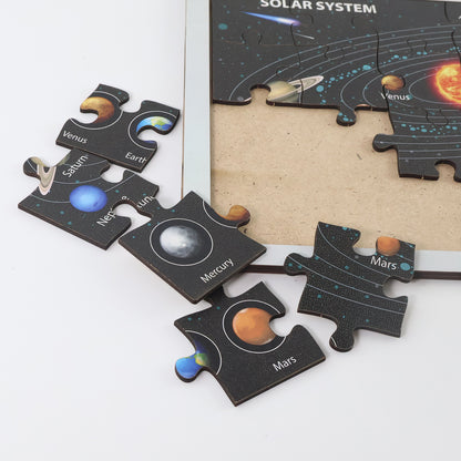 Wooden Solar System Puzzle For Kids - (1 Set) Labeled Planets Learning Tray | STEM Space Teaching Toy | Durable & Safe
