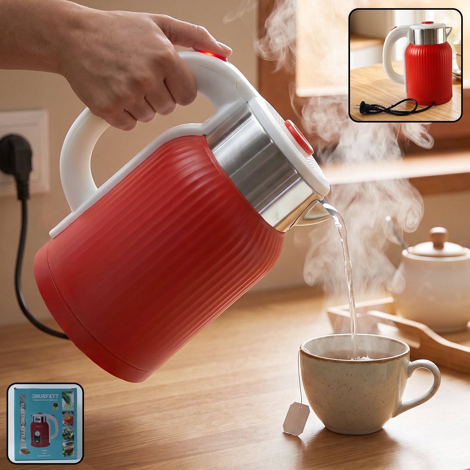 Electric Kettle 2 Litre 1500W Fast Boiling Cordless Kettle for Tea, Coffee, Milk and Hot Water with Auto Shut Off Red (1 Pc)