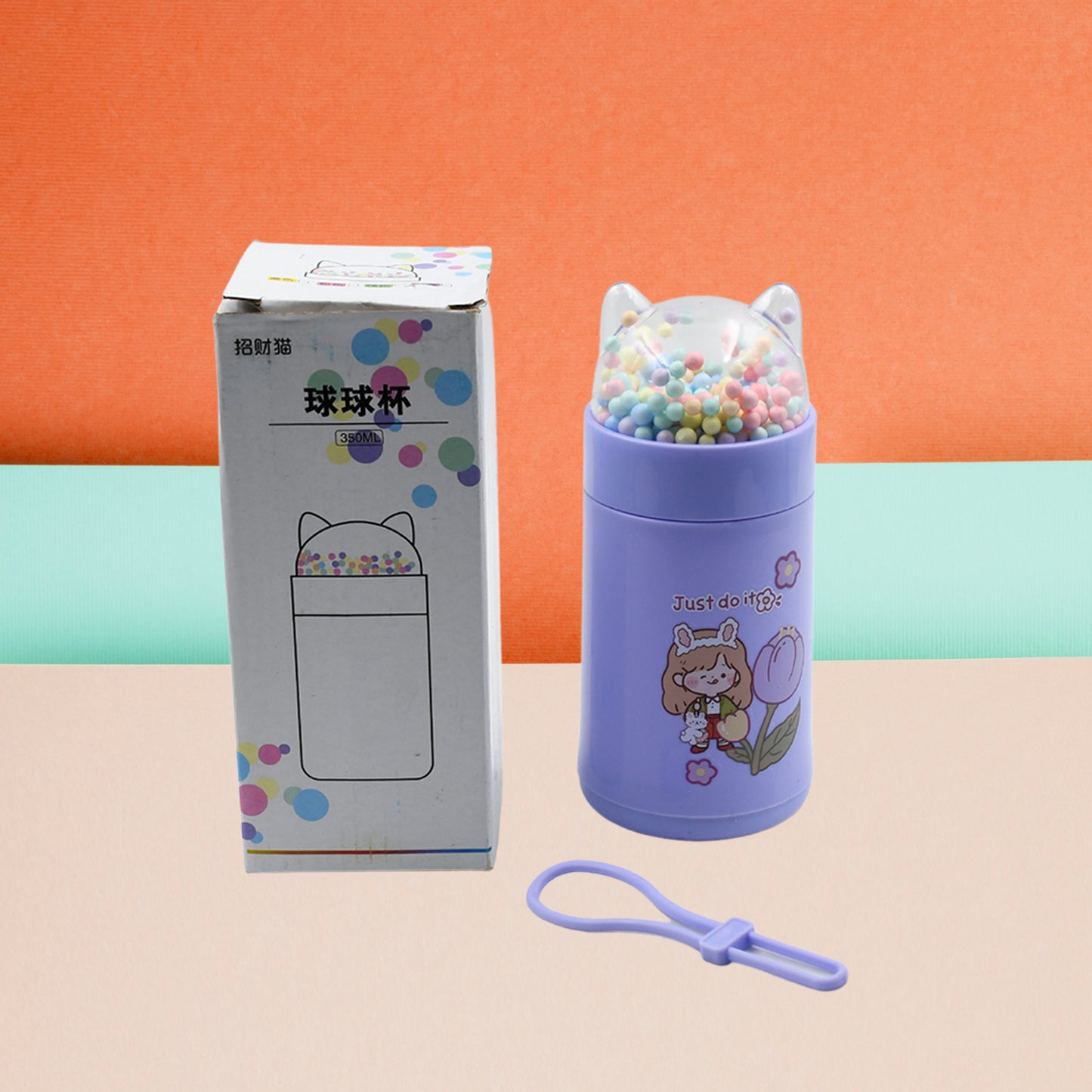 Girl Glass Water Bottle for School 350ml with Sparkle Strap Cat Lid Glitter Sequins Leakproof Glass Drinking Bottle for Kids