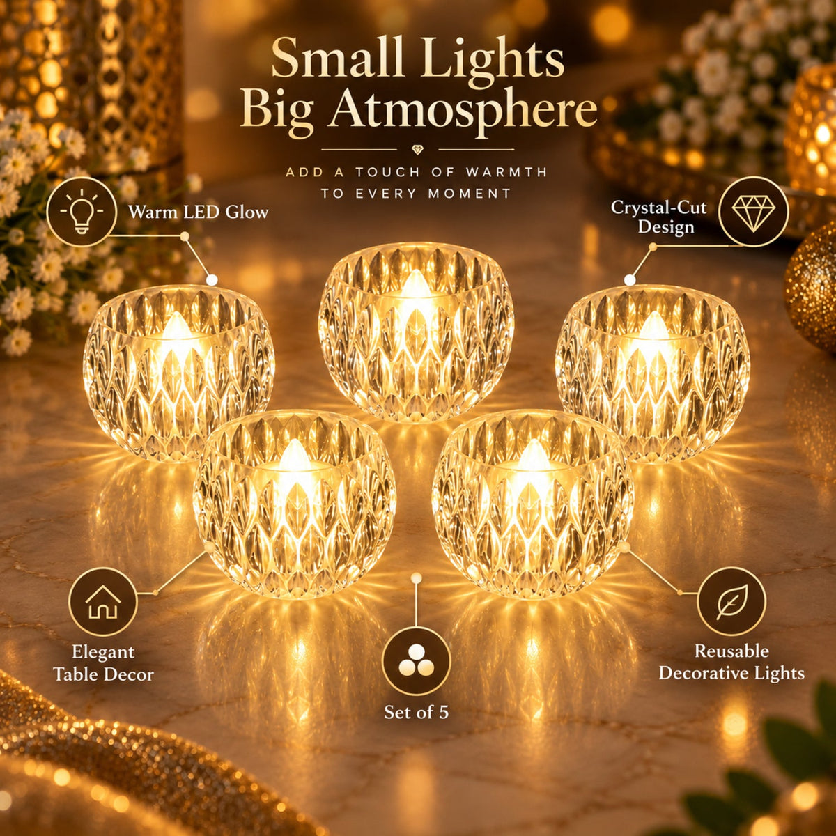 Crystal Style LED Decorative Candle Lights Set of 5, Warm Glow Flameless Tealight Candles with Faceted Clear Design for Diwali, Puja, Dining Table and Festive Home Decor (5 Pc Set)